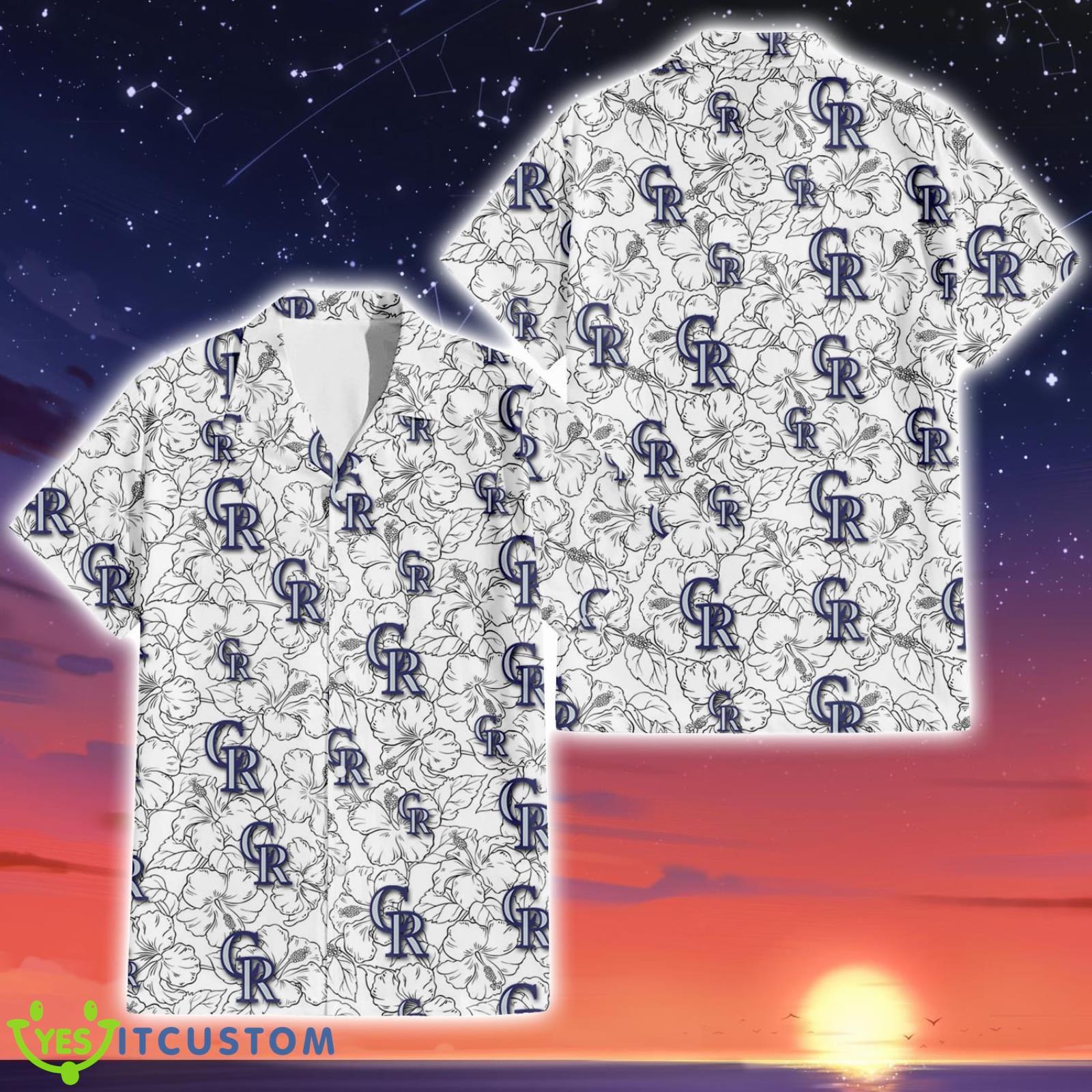 Colorado Rockies White Sketch Hibiscus Pattern White Pattern 3D Hawaiian Shirt Best Summer Vacation Gift Product Photo 1
