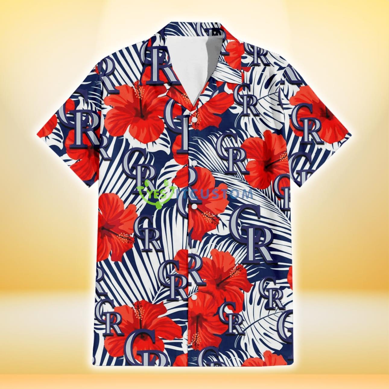 Colorado Rockies White Tropical Leaf Red Hibiscus Navy Background 3D Hawaiian Shirt Gift For Fans Product Photo 2