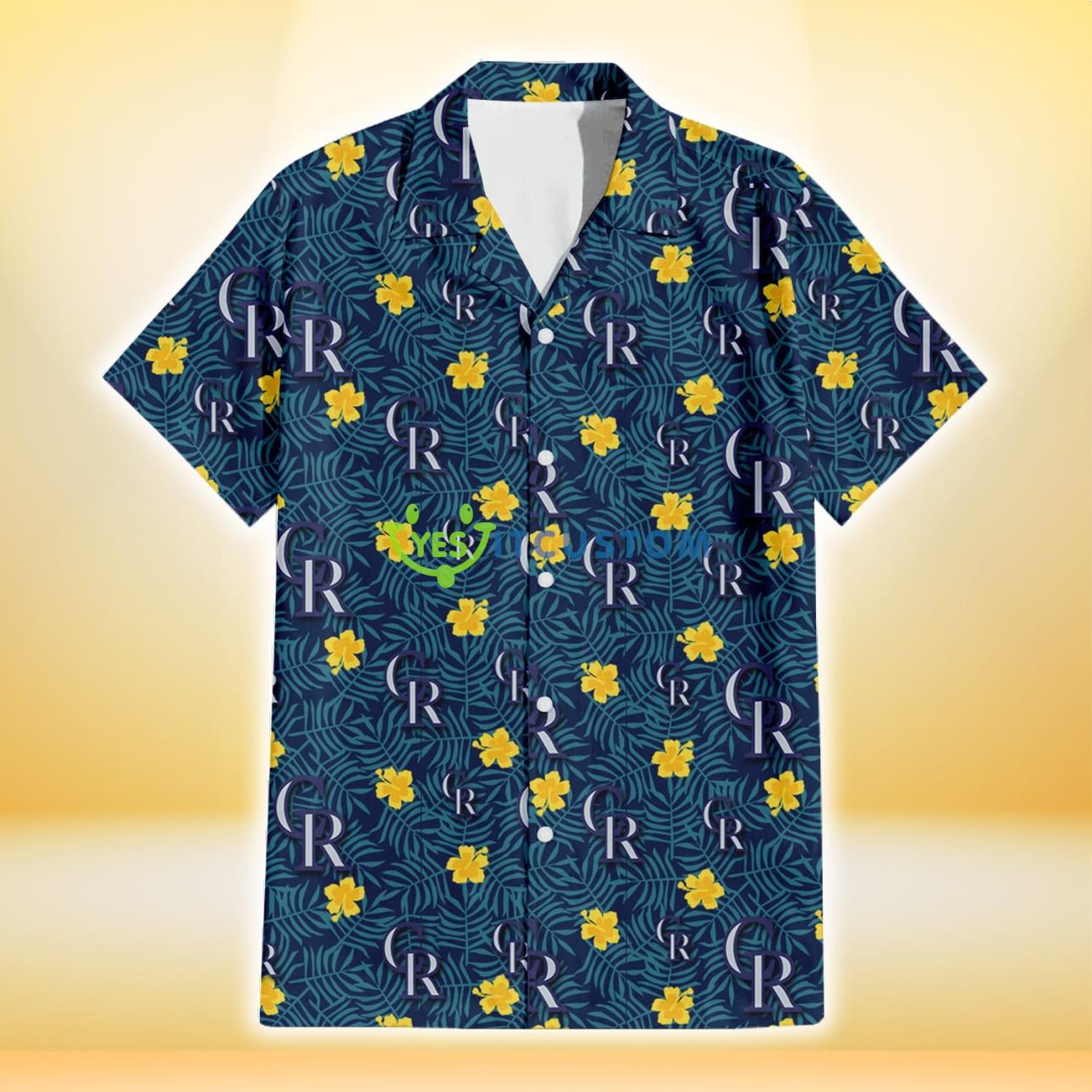 Colorado Rockies Yellow Hibiscus Cadet Blue Leaf Navy Background 3D Hawaiian Shirt Gift For Fans Product Photo 2