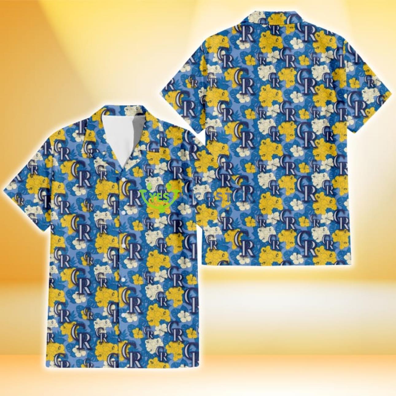 Colorado Rockies Yellow White Hibiscus Powder Blue Background 3D Hawaiian Shirt Gift For Fans Product Photo 1