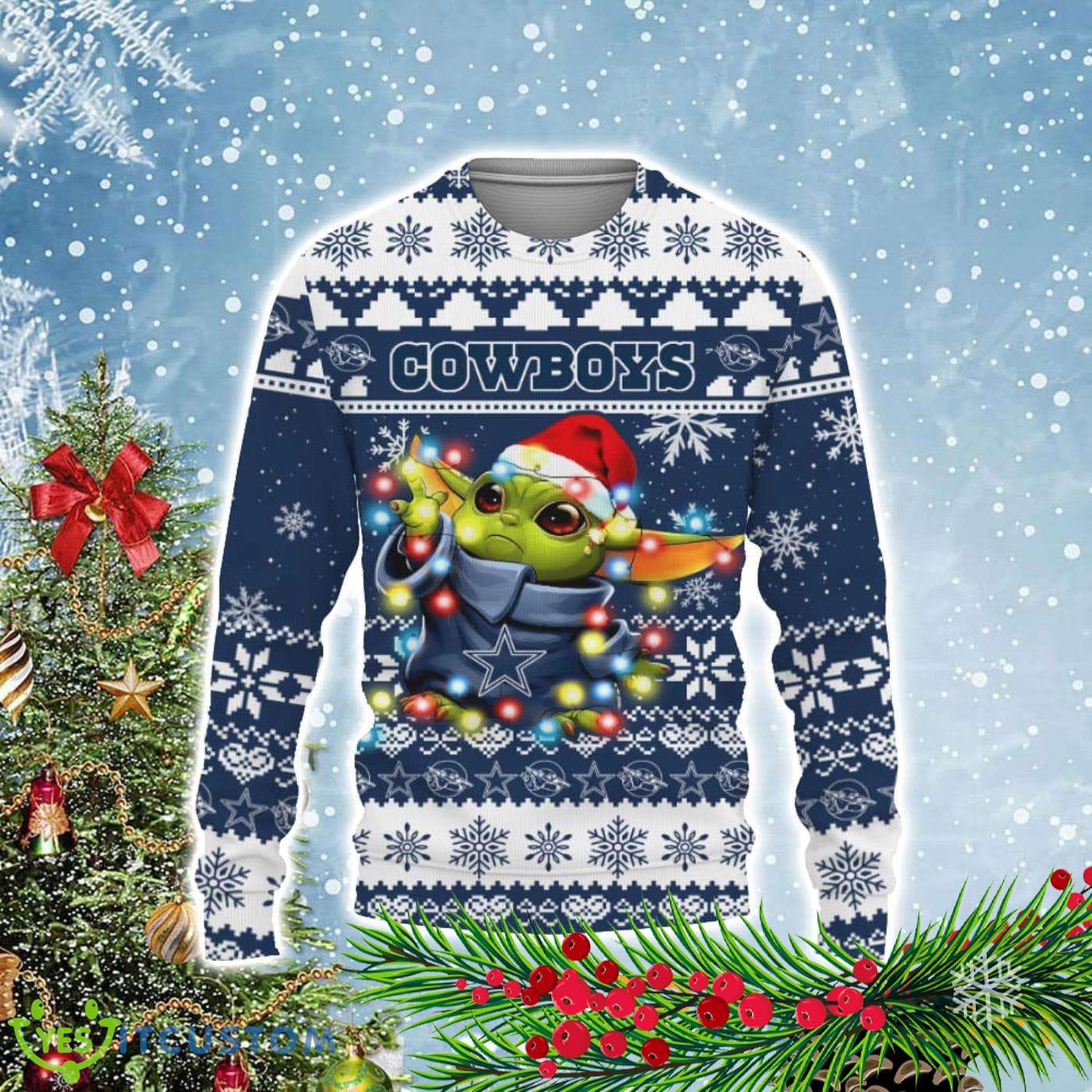 Dallas Cowboys Baby Yoda Star Wars Light Cowboys Light Ugly Christmas Sweater - Dallas Cowboys Baby Yoda Star Wars Christmas Light Ugly Sweater – Cowboys Ugly Sweater