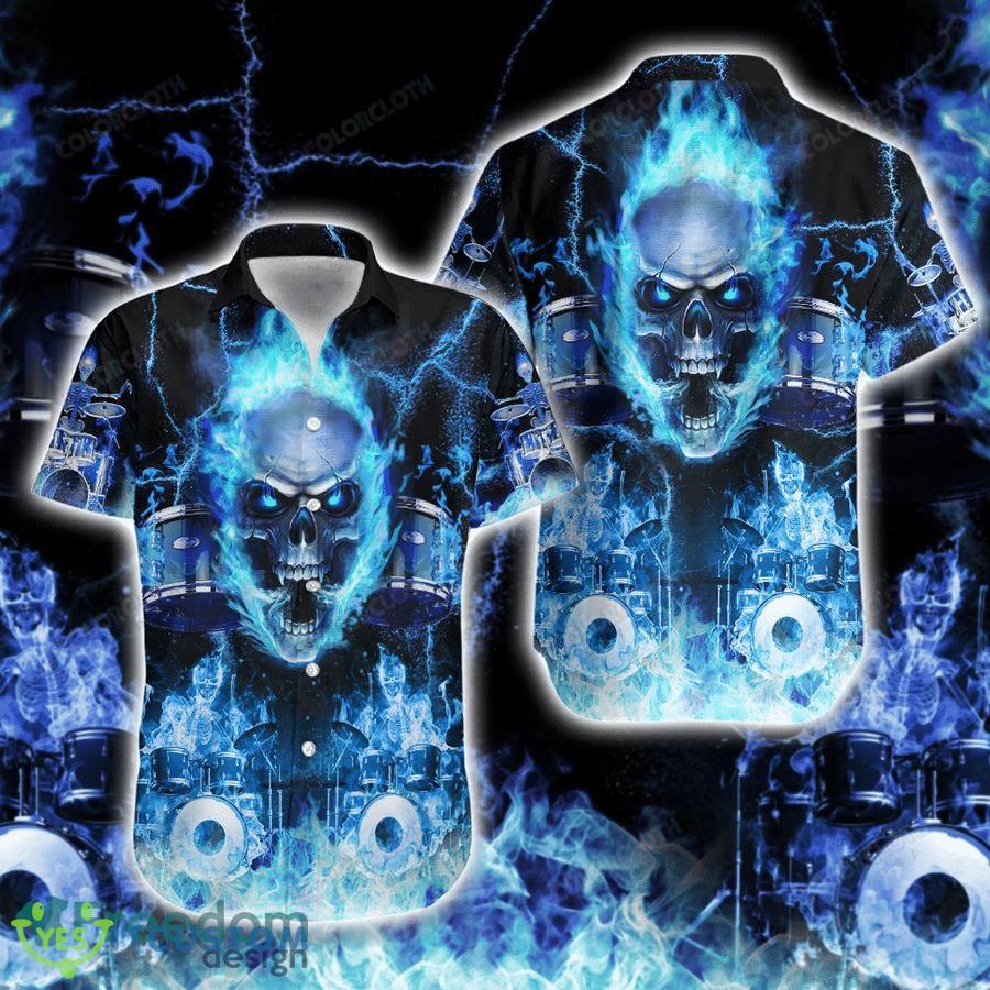 Halloween Blue Flame Skeleton Drummer Hawaiian Shirt - Halloween Blue Flame Skeleton Drummer Hawaiian Shirt