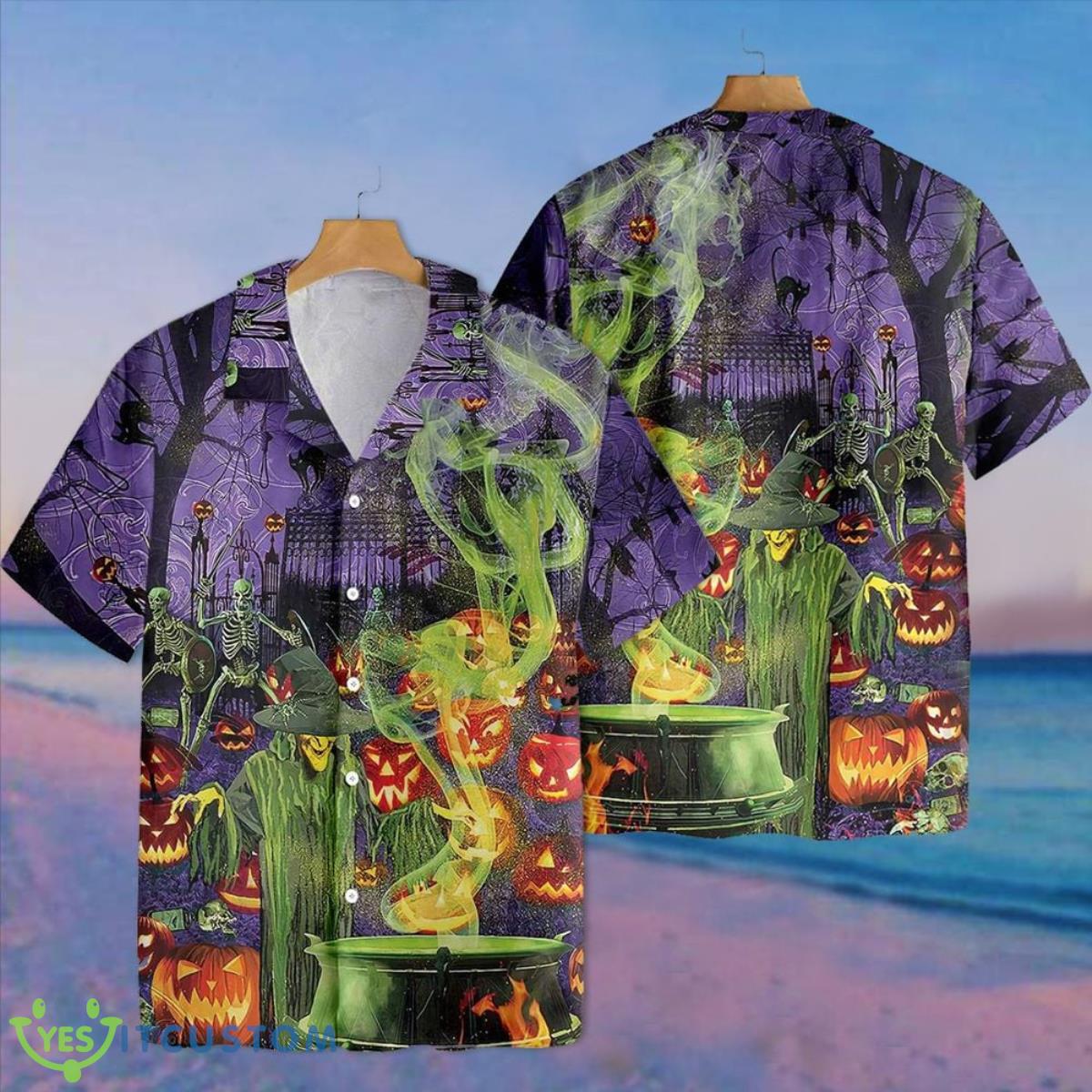 Halloween Hawaiian Shirt Witch Skeleton Pumpkin Halloween Themed Clothing Product Photo 1