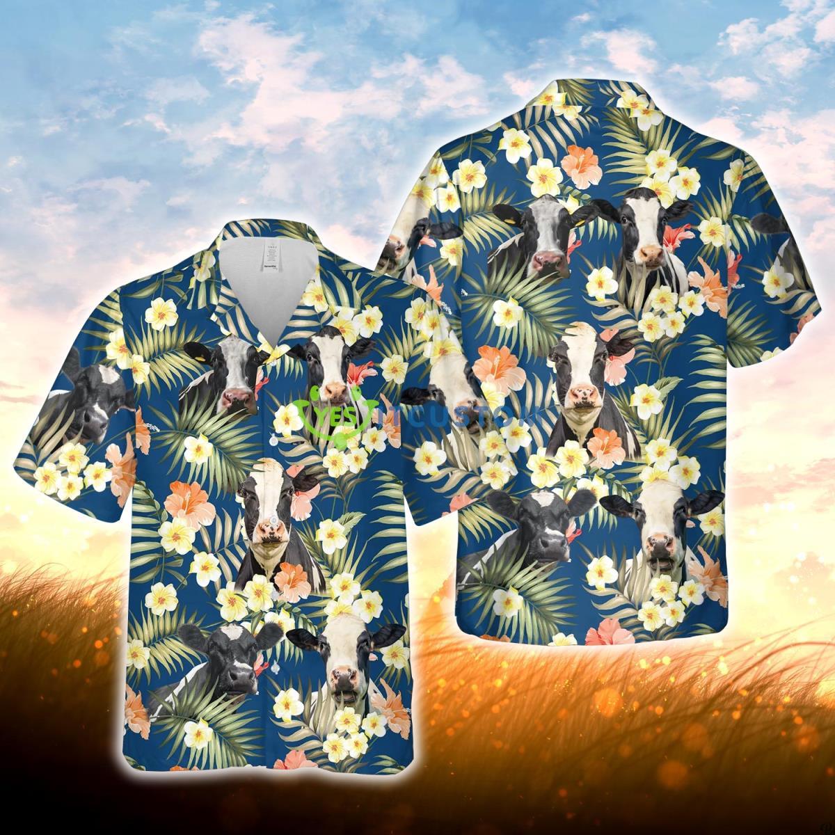 Holstein Summer Blue Floral 3D Hawaiian Shirt For Men Women Product Photo 1