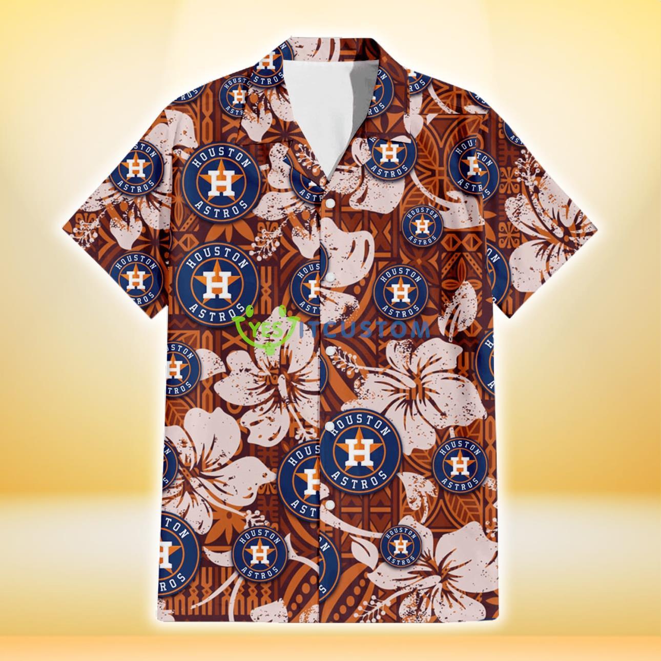 Houston Astros Bisque Hibiscus Brown Pattern 3D Hawaiian Shirt Gift For Fans Product Photo 2