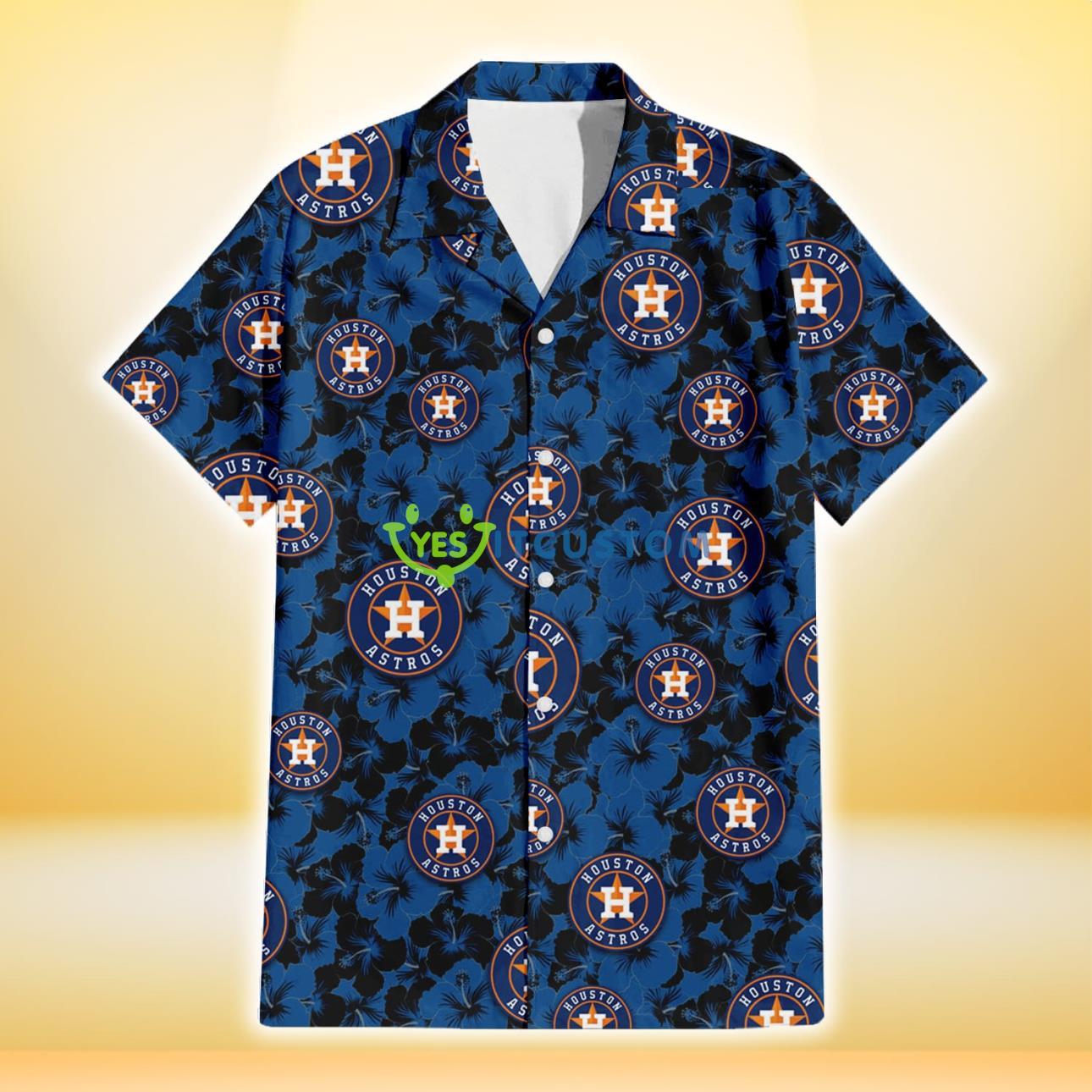 Houston Astros Black Dark Blue Hibiscus Black Background 3D Hawaiian Shirt Gift For Fans Product Photo 2