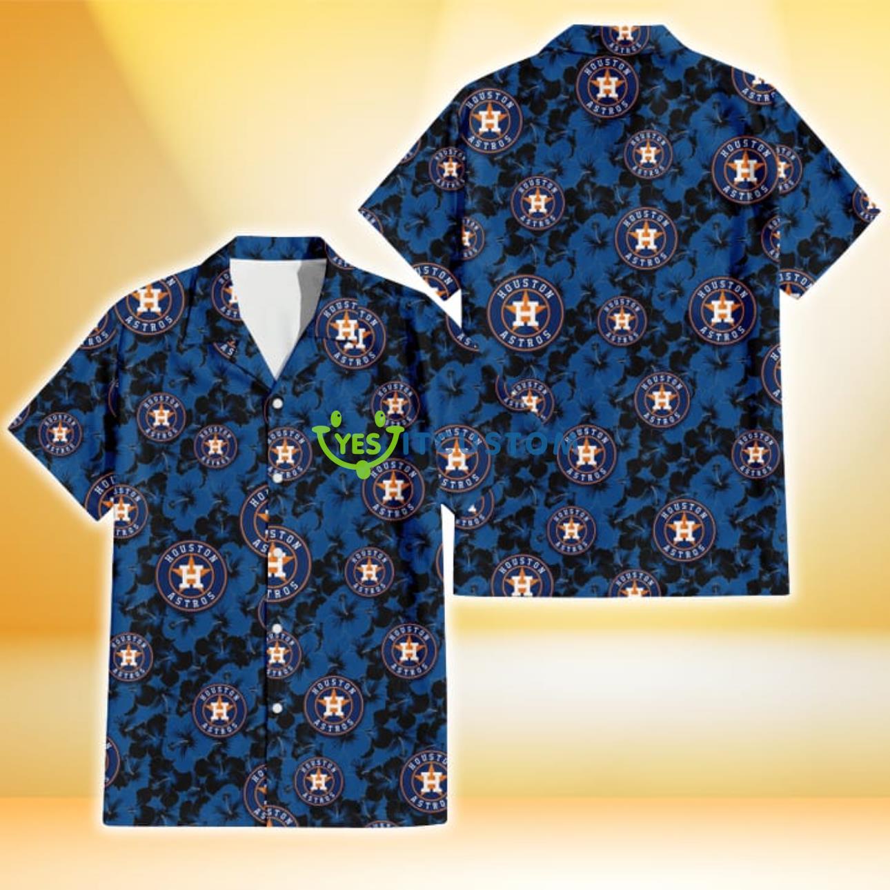 Houston Astros Black Dark Blue Hibiscus Black Background 3D Hawaiian Shirt Gift For Fans Product Photo 1
