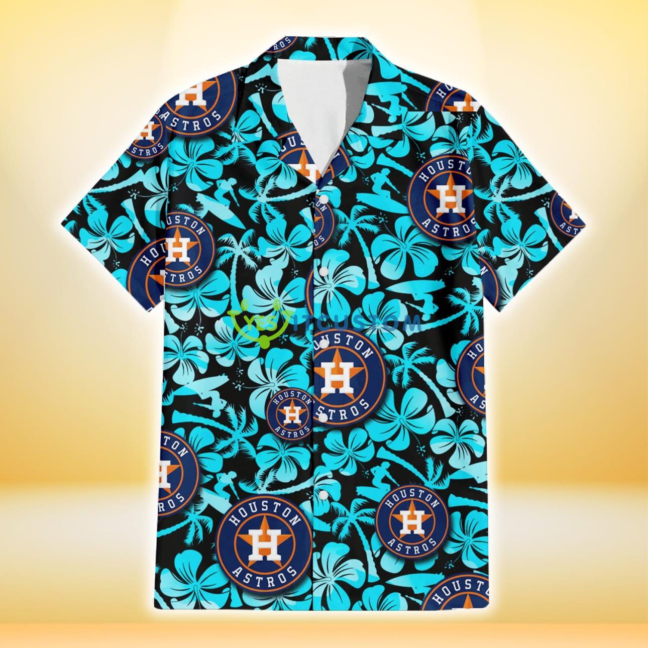 Houston Astros Blue Hibiscus Blue Coconut Tree Black Background 3D Hawaiian Shirt Gift For Fans Product Photo 2