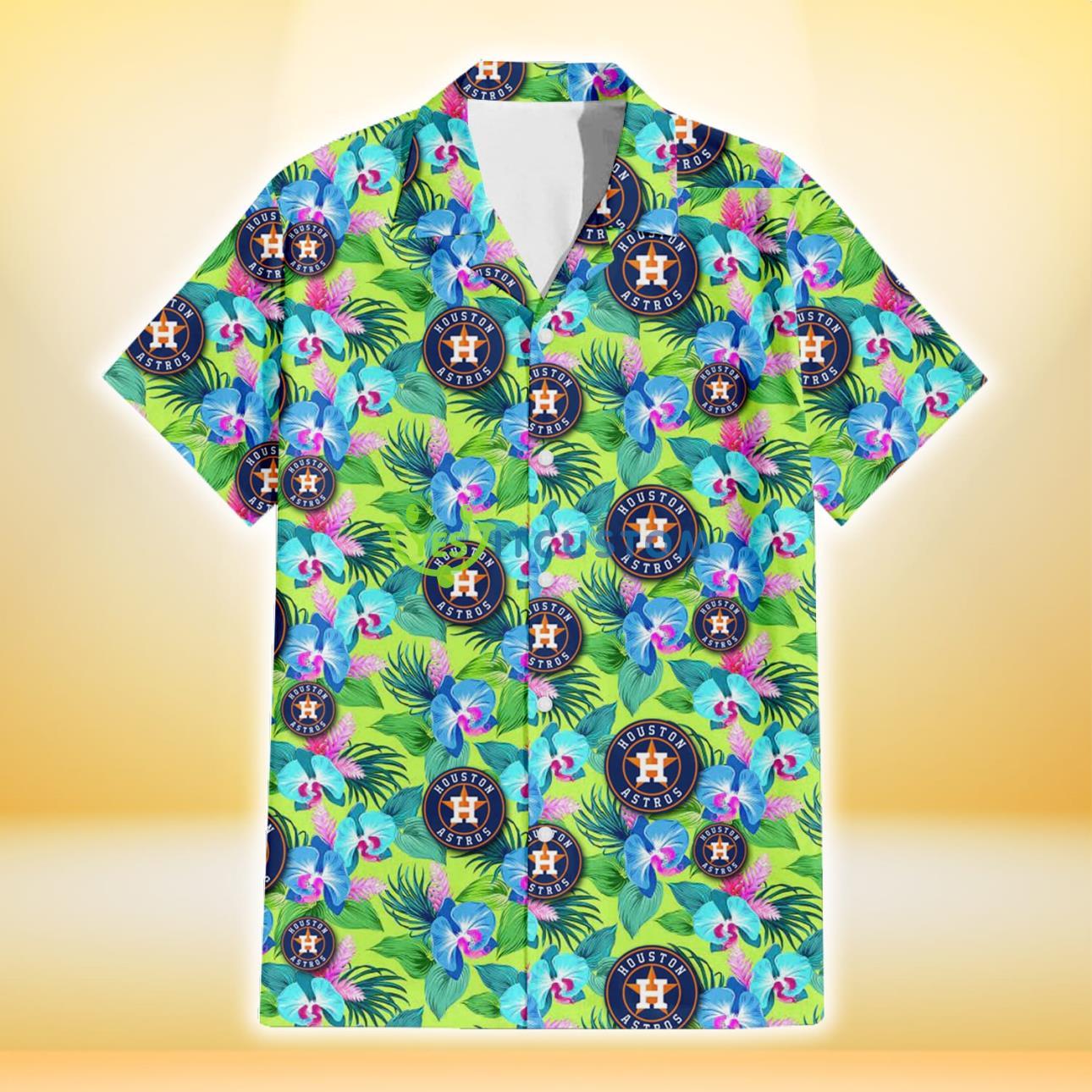 Houston Astros Blue Orchid Green Pink Leaf Green Background 3D Hawaiian Shirt Gift For Fans Product Photo 2