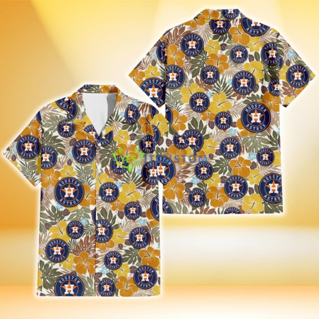 Houston Astros Brown Yellow Hibiscus White Background 3D Hawaiian Shirt Gift For Fans Product Photo 1