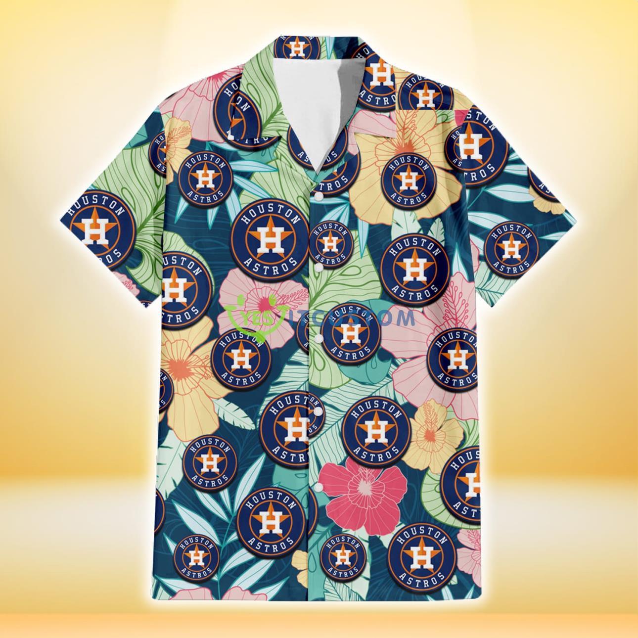 Houston Astros Colorful Sketch Hibiscus Dark Green Background 3D Hawaiian Shirt Gift For Fans Product Photo 2