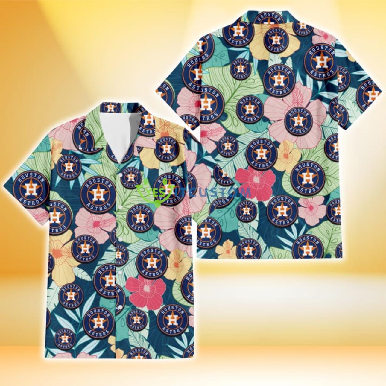 Houston Astros Colorful Sketch Hibiscus Dark Green Background 3D Hawaiian Shirt Gift For Fans Product Photo 1