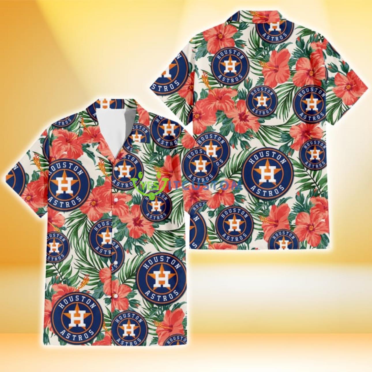 Houston Astros Coral Hibiscus Green Leaf Beige Background 3D Hawaiian Shirt Gift For Fans Product Photo 1