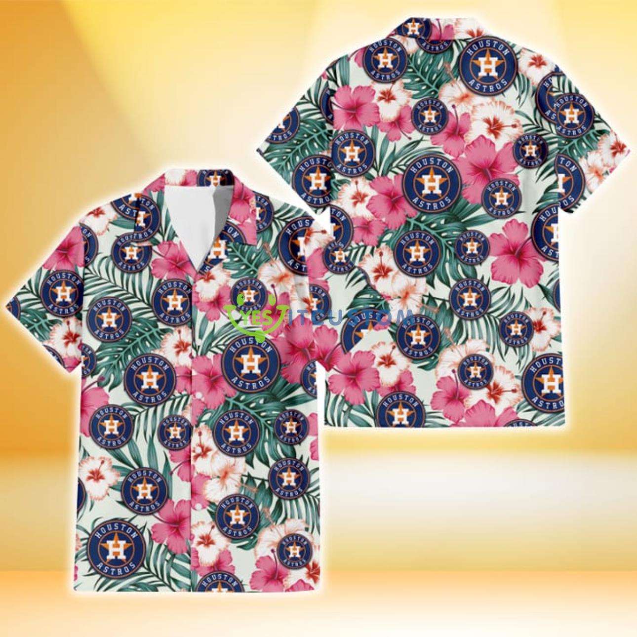 Houston Astros Coral Pink Hibiscus Green Leaf Beige Background 3D Hawaiian Shirt Gift For Fans Product Photo 1