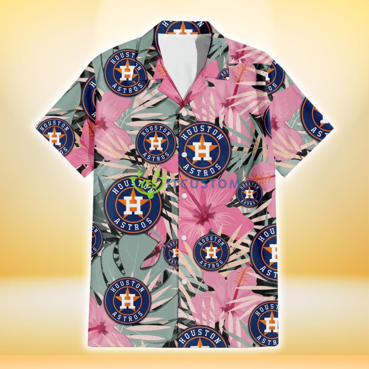 Houston Astros Light Pink Hibiscus Pale Green Leaf Black Background 3D Hawaiian Shirt Gift For Fans Product Photo 2