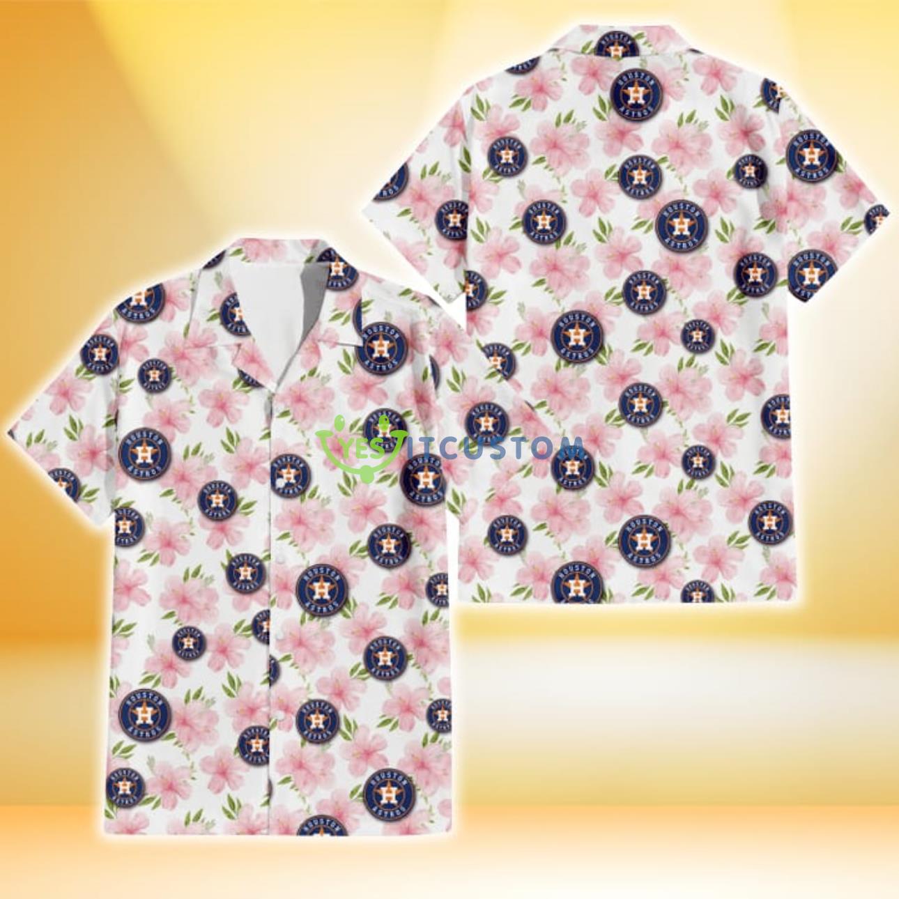 Houston Astros Light Pink Hibiscus White Background 3D Hawaiian Shirt Gift For Fans Product Photo 1