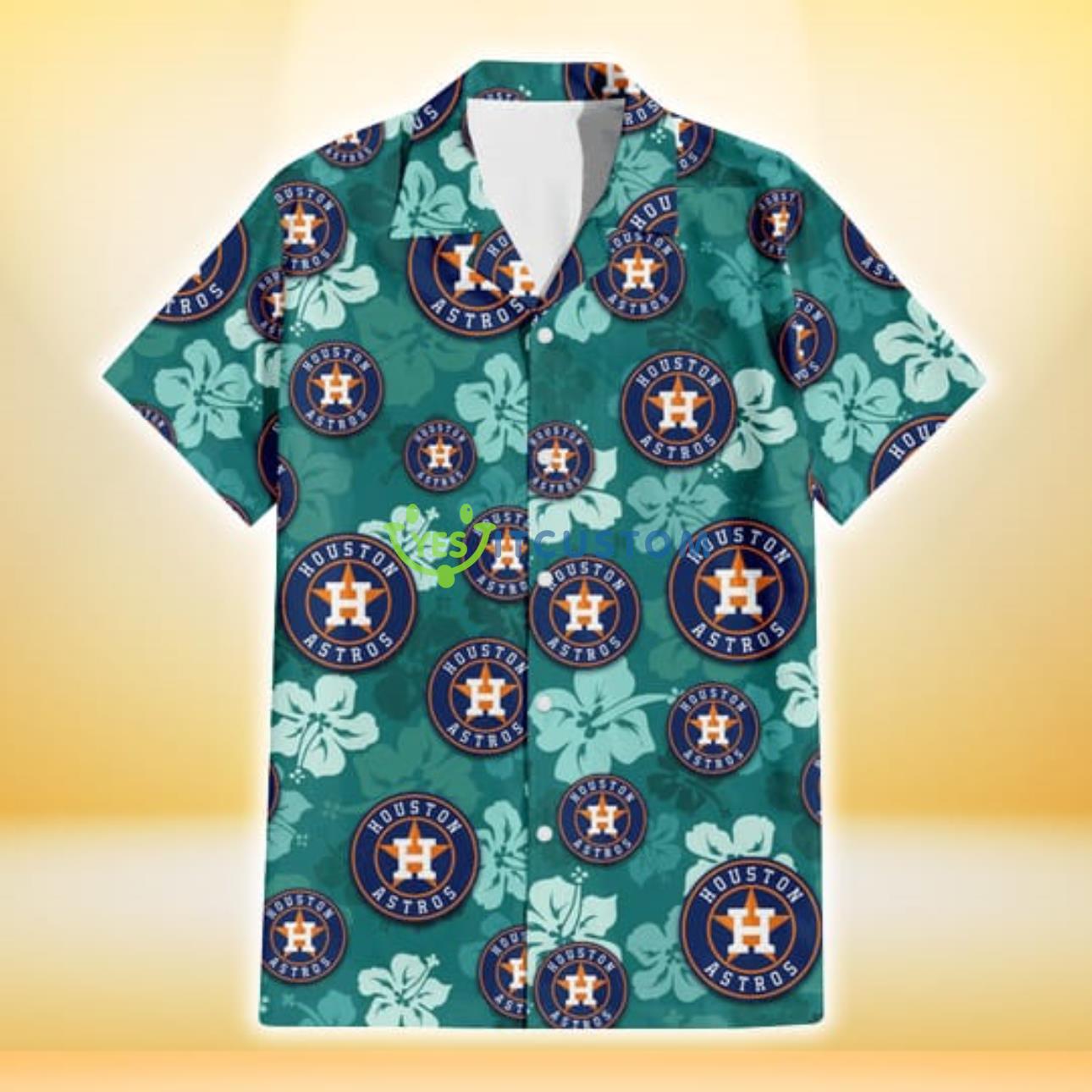 Houston Astros Light Sea Green Hibiscus Green Background 3D Hawaiian Shirt Gift For Fans Product Photo 2