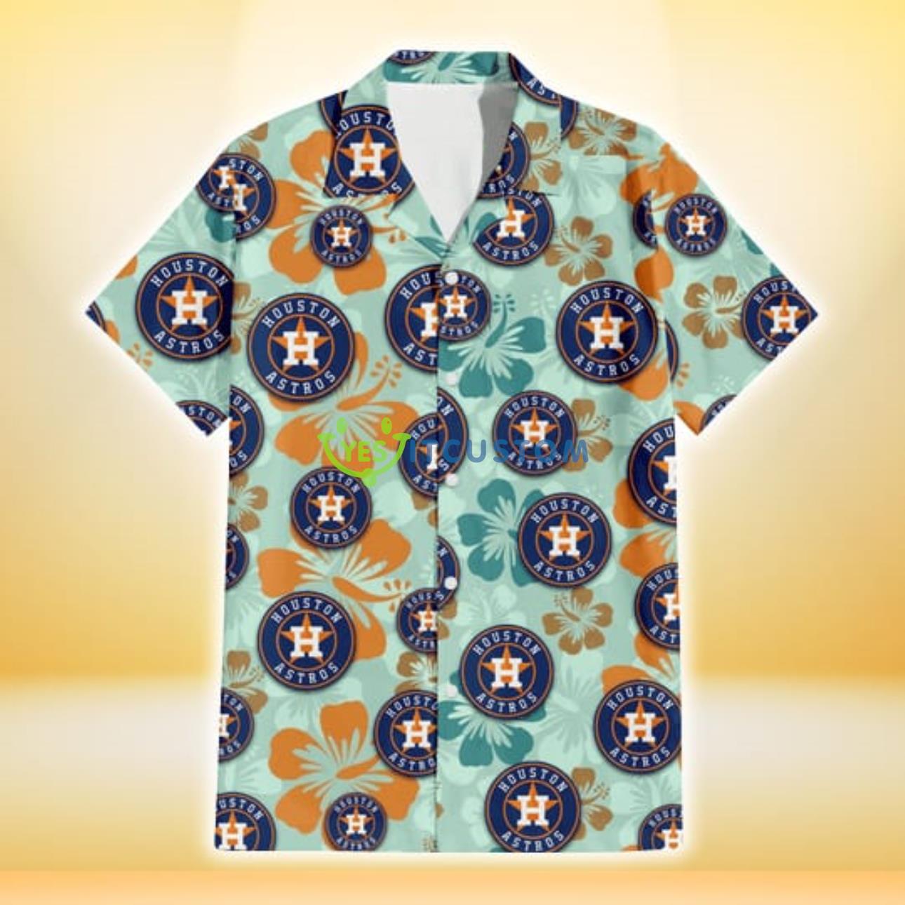 Houston Astros Orange Green Hibiscus Pale Green Background 3D Hawaiian Shirt Gift For Fans Product Photo 2