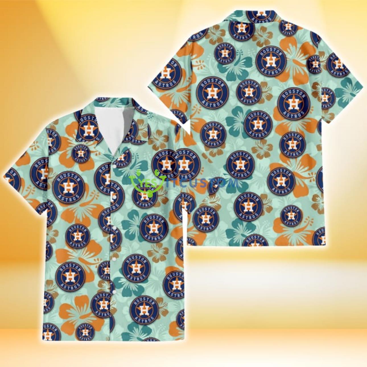Houston Astros Orange Green Hibiscus Pale Green Background 3D Hawaiian Shirt Gift For Fans Product Photo 1