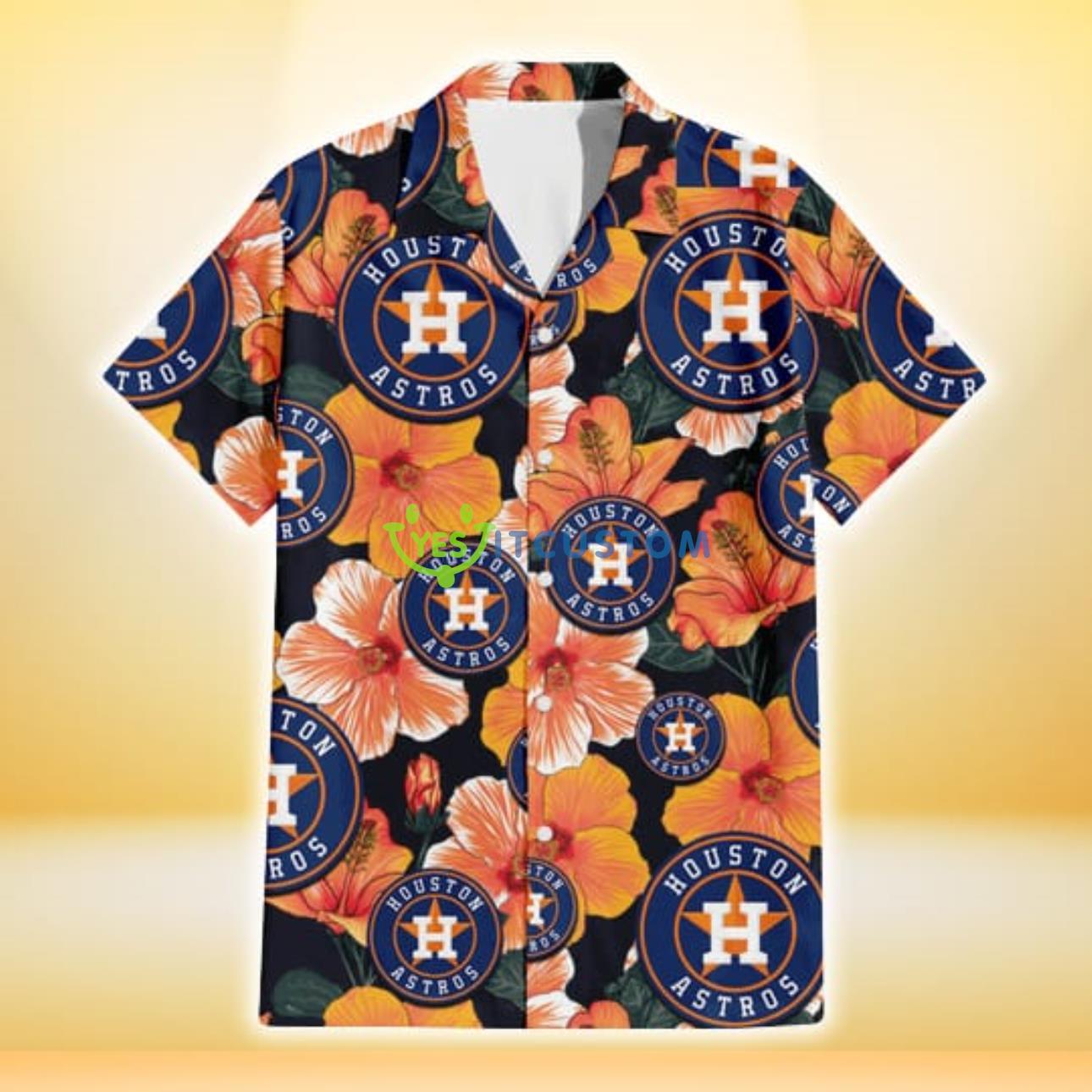 Houston Astros Orange Hibiscus Dark Green Leaf Black Background 3D Hawaiian Shirt Gift For Fans Product Photo 2