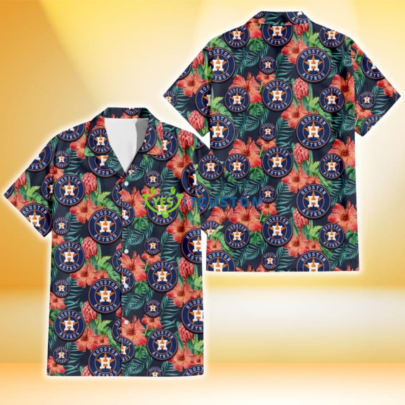 Houston Astros Orange Hibiscus Green Tropical Leaf Dark Background 3D Hawaiian Shirt Gift For Fans Product Photo 1