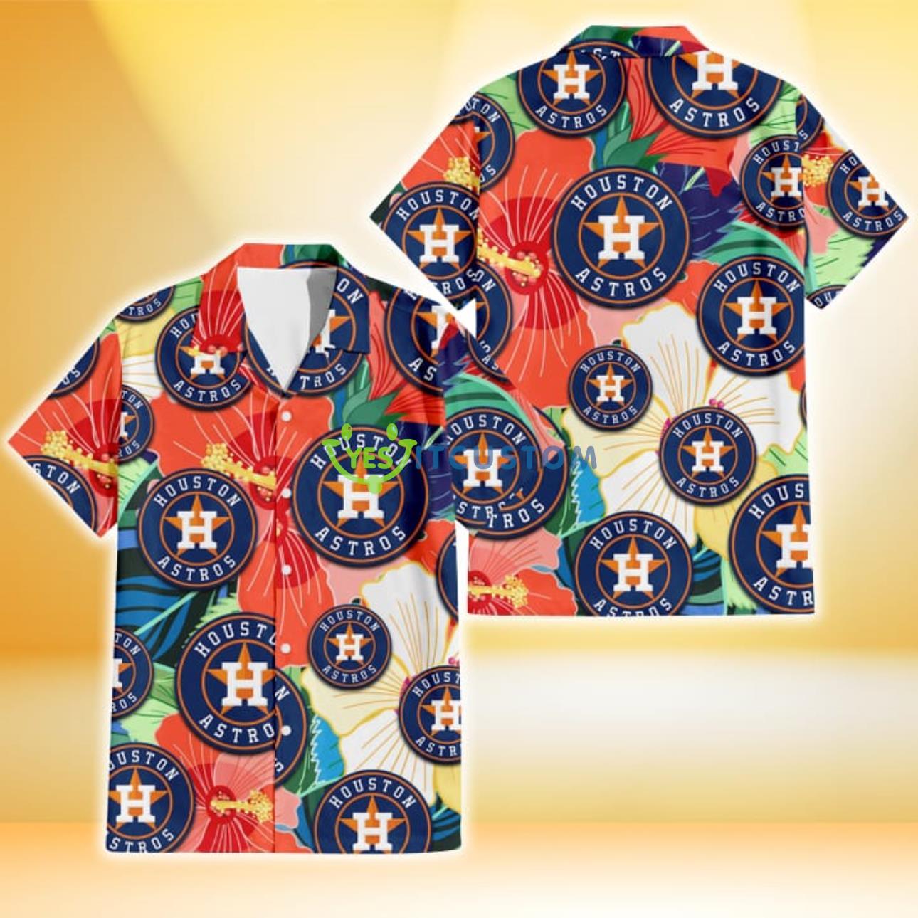 Houston Astros Orange White Tropical Hibiscus Green Leaf 3D Hawaiian Shirt Gift For Fans Product Photo 1