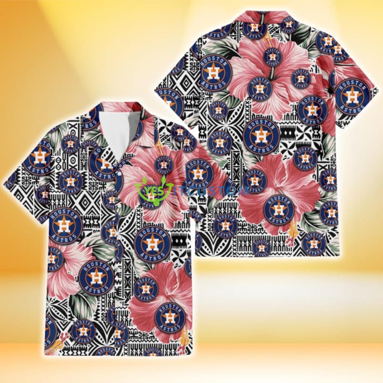 Houston Astros Pink Hibiscus Black Pattern White Background 3D Hawaiian Shirt Gift For Fans Product Photo 1