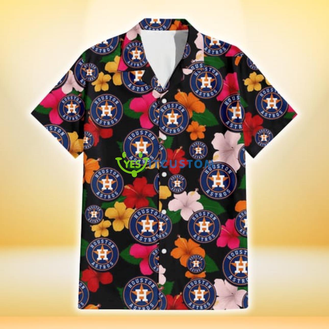Houston Astros Pink Orange Yellow White Hibiscus Black Background 3D Hawaiian Shirt Gift For Fans Product Photo 2