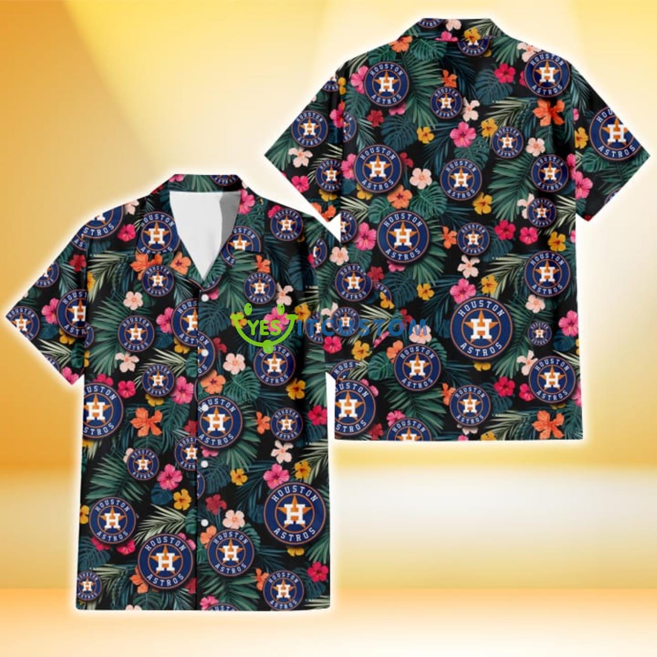 Houston Astros Pink Yellow Orange Hibiscus Big Tropical Leaf Black Background 3D Hawaiian Shirt Gift For Fans Product Photo 1