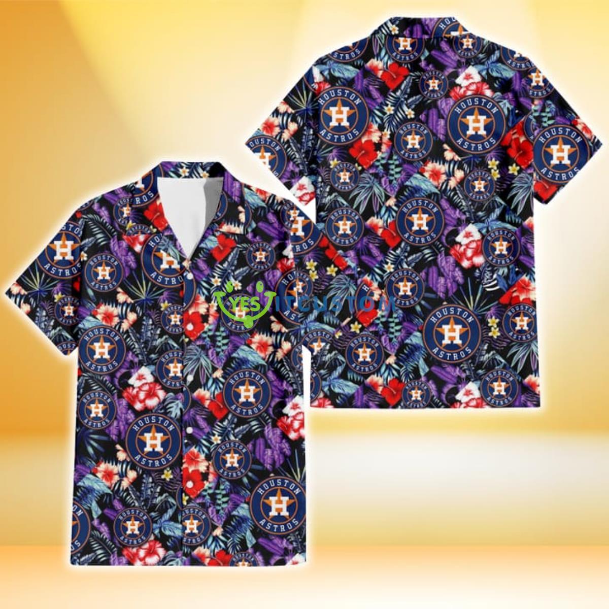 Houston Astros Red Hibiscus Caro Black Background 3D Hawaiian Shirt Gift For Fans Product Photo 1
