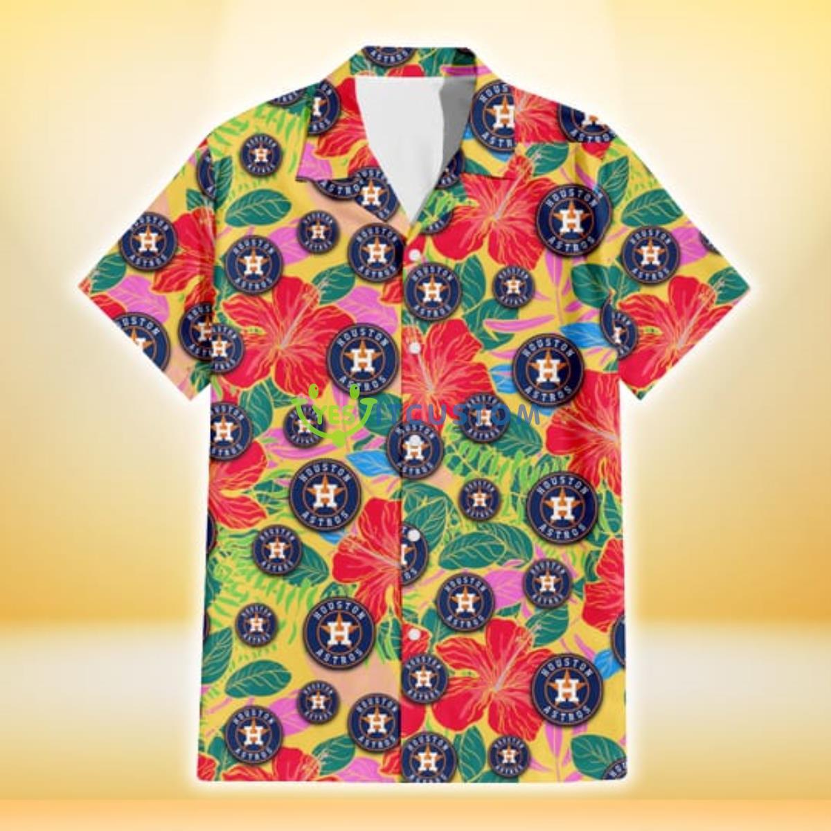 Houston Astros Red Hibiscus Green Blue Leaf Yellow Background 3D Hawaiian Shirt Gift For Fans Product Photo 2