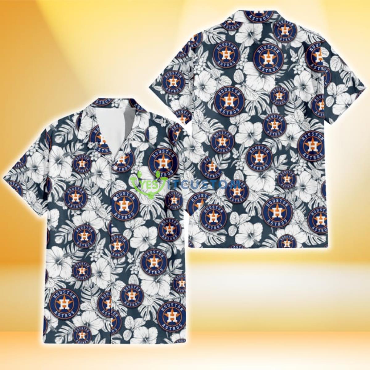 Houston Astros Sketch Hibiscus Leaf Dark Gray Background 3D Hawaiian Shirt Gift For Fans Product Photo 1