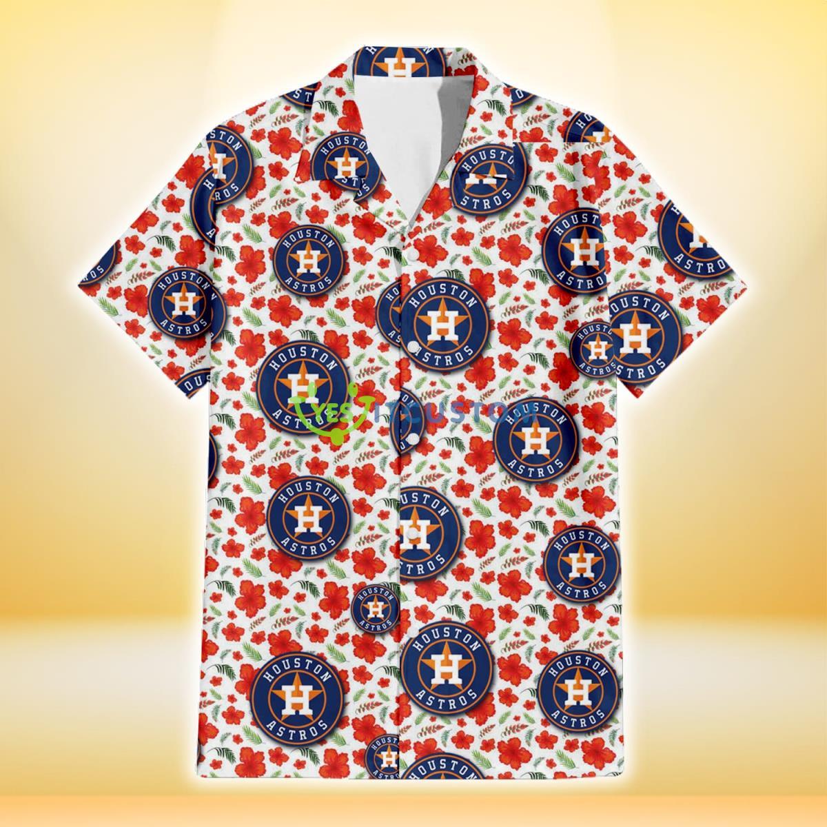 Houston Astros Tiny Red Hibiscus Green Leaf White Cube Background 3D Hawaiian Shirt Gift For Fans Product Photo 2