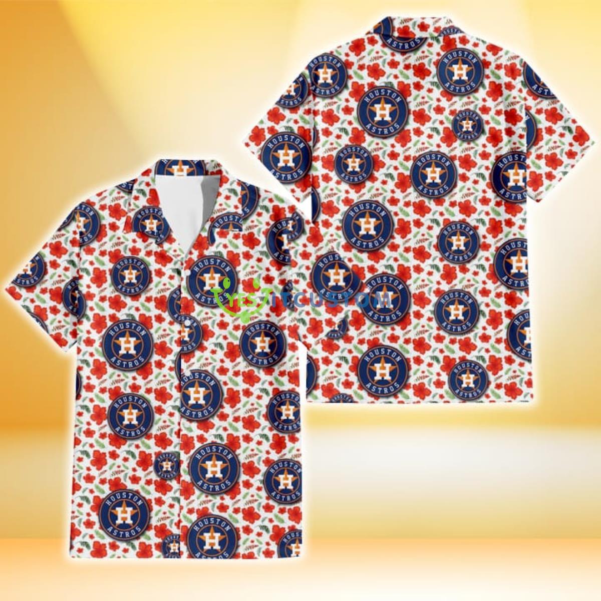 Houston Astros Tiny Red Hibiscus Green Leaf White Cube Background 3D Hawaiian Shirt Gift For Fans Product Photo 1