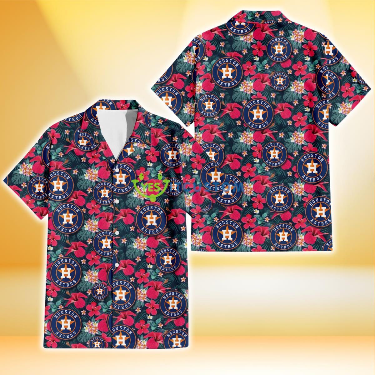 Houston Astros Tiny Red Hibiscus White Porcelain Flower Black Background 3D Hawaiian Shirt Gift For Fans Product Photo 1