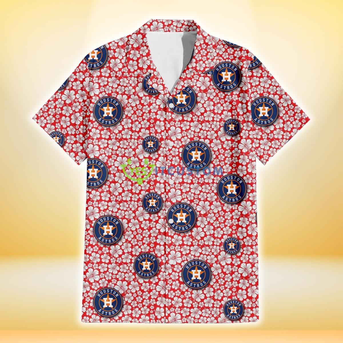 Houston Astros Tiny White Hibiscus Pattern Red Background 3D Hawaiian Shirt Gift For Fans Product Photo 2