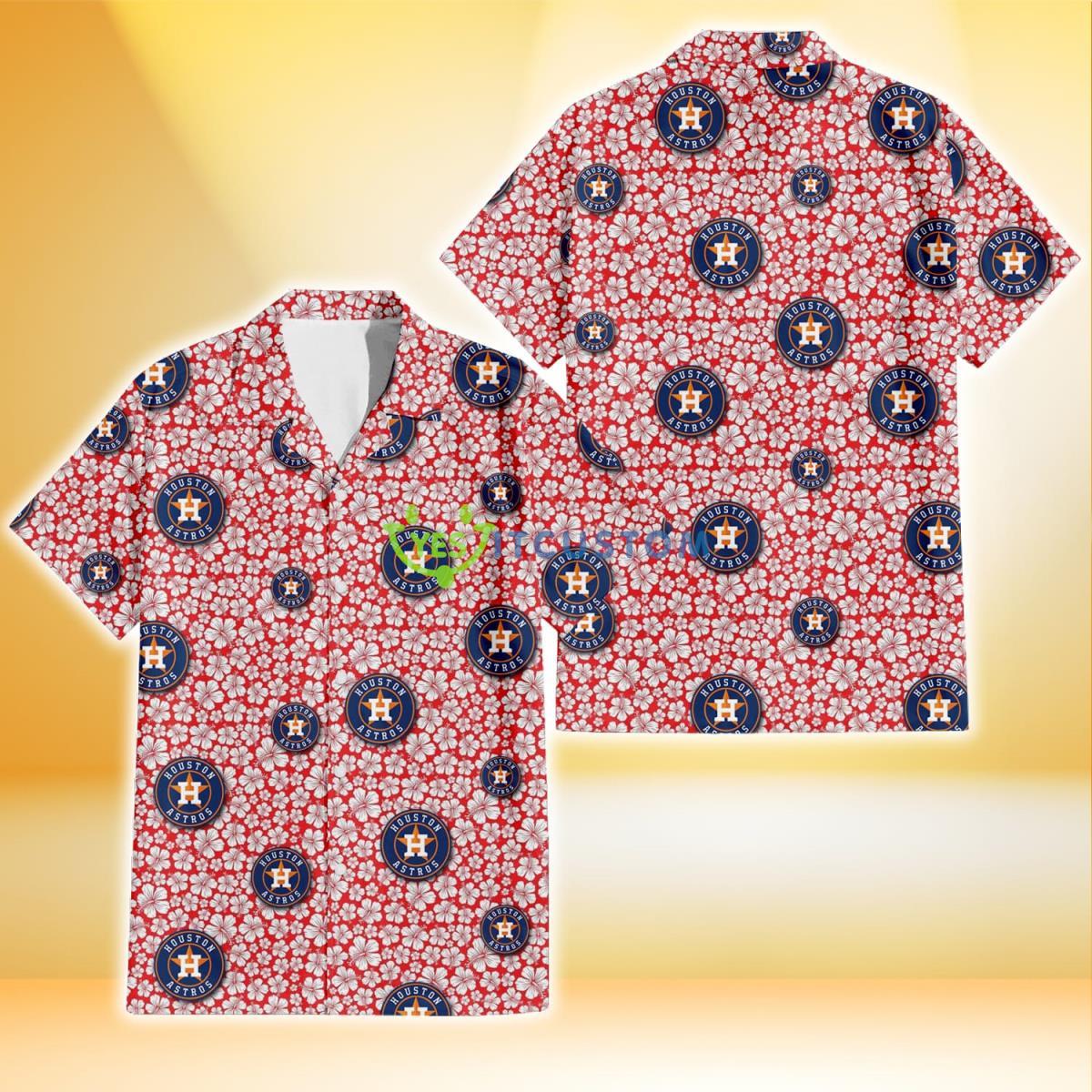 Houston Astros Tiny White Hibiscus Pattern Red Background 3D Hawaiian Shirt Gift For Fans Product Photo 1