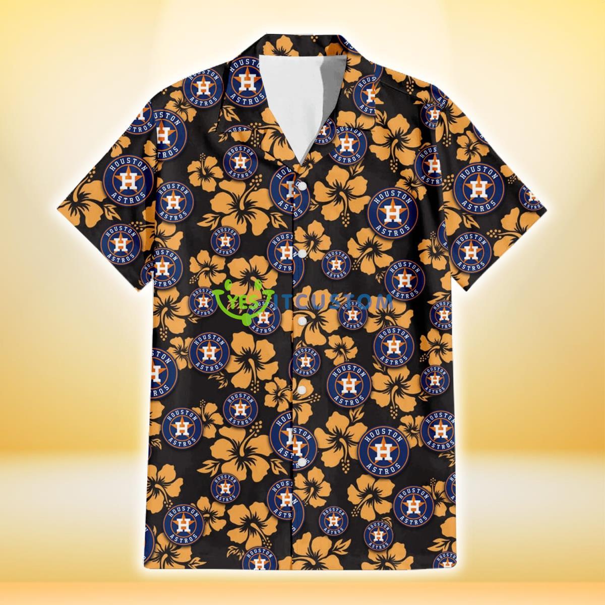 Houston Astros Tiny Yellow Hibiscus Black Background 3D Hawaiian Shirt Gift For Fans Product Photo 2