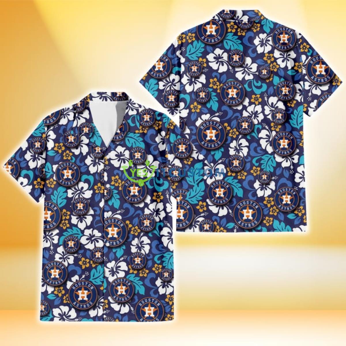 Houston Astros White Hibiscus Ceramic Style Navy Background 3D Hawaiian Shirt Gift For Fans Product Photo 1