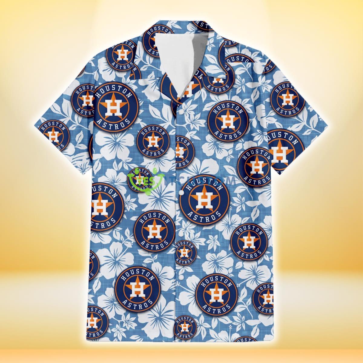 Houston Astros White Hibiscus Light Blue Texture Background 3D Hawaiian Shirt Gift For Fans Product Photo 2