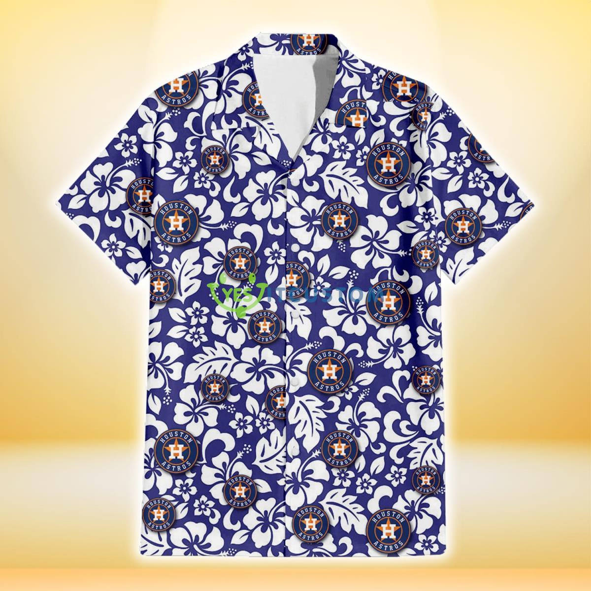 Houston Astros White Hibiscus Pattern Slate Blue Background 3D Hawaiian Shirt Gift For Fans Product Photo 2
