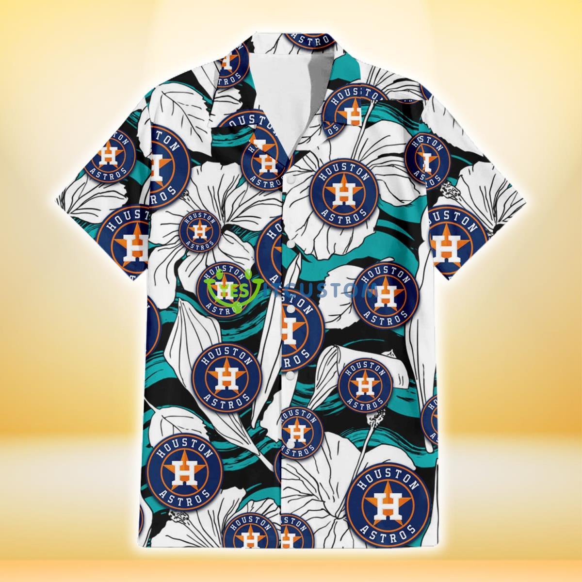 Houston Astros White Hibiscus Turquoise Wave Black Background 3D Hawaiian Shirt Gift For Fans Product Photo 2