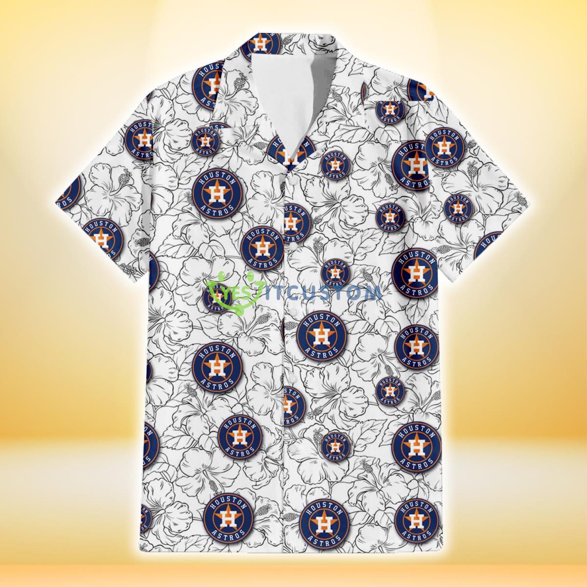 Houston Astros White Sketch Hibiscus Pattern White Background 3D Hawaiian Shirt Gift For Fans Product Photo 2