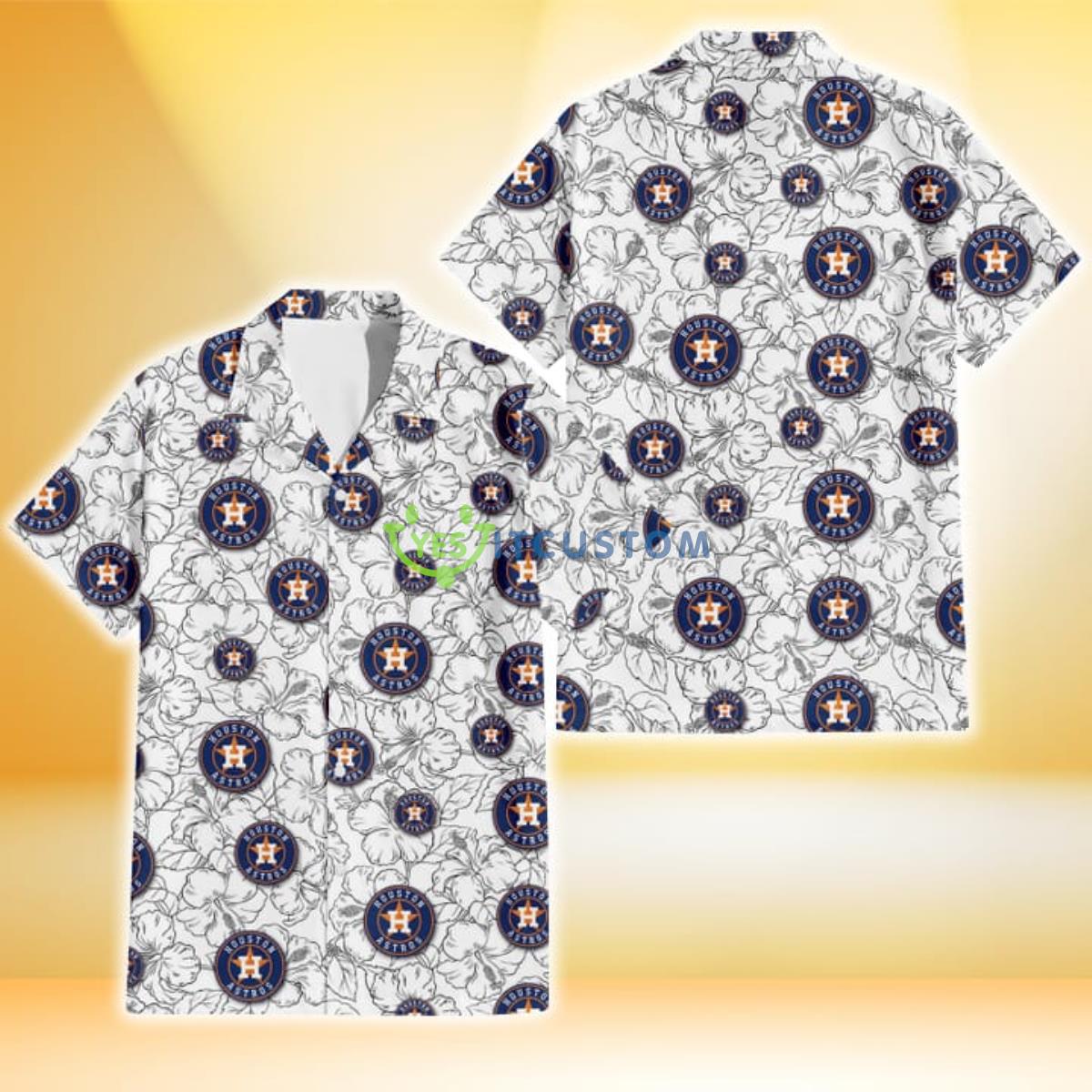 Houston Astros White Sketch Hibiscus Pattern White Background 3D Hawaiian Shirt Gift For Fans Product Photo 1