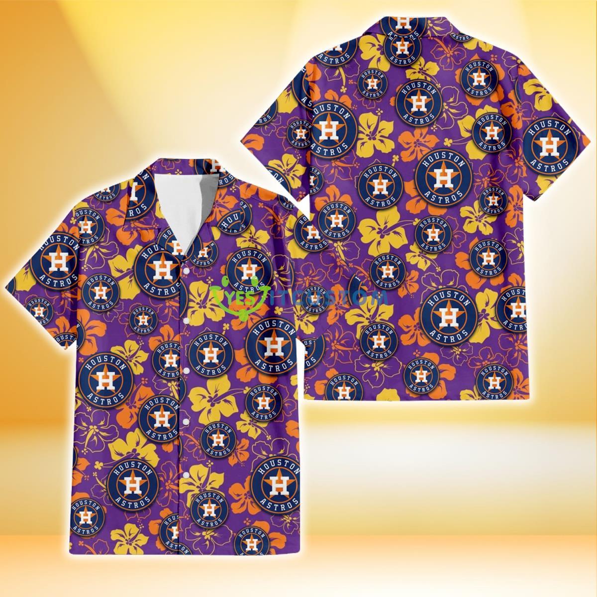 Houston Astros Yellow And Orange Hibiscus Purple Background 3D Hawaiian Shirt Gift For Fans Product Photo 1