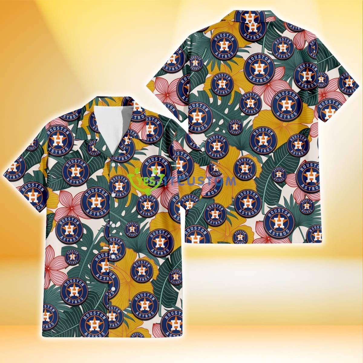 Houston Astros Yellow Hibiscus Green Banana Leaf Pink Porcelain Flower 3D Hawaiian Shirt Gift For Fans Product Photo 1