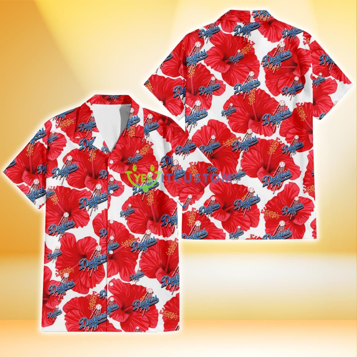 Los Angeles Dodgers Big Red Hibiscus White Background 3D Hawaiian Shirt Gift For Fans Gift For Fans Product Photo 1