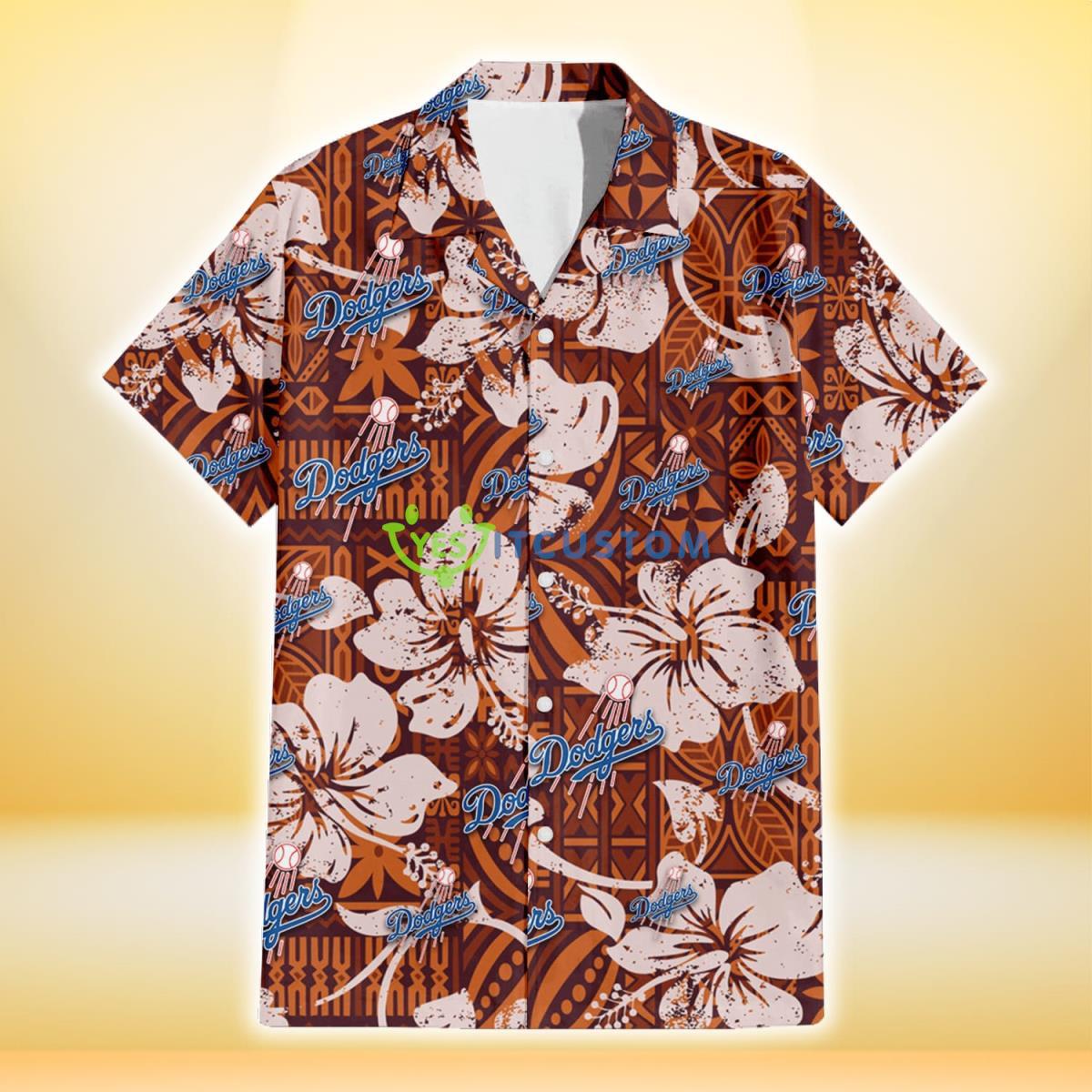 Los Angeles Dodgers Bisque Hibiscus Brown Pattern 3D Hawaiian Shirt Gift For Fans Gift For Fans Product Photo 2