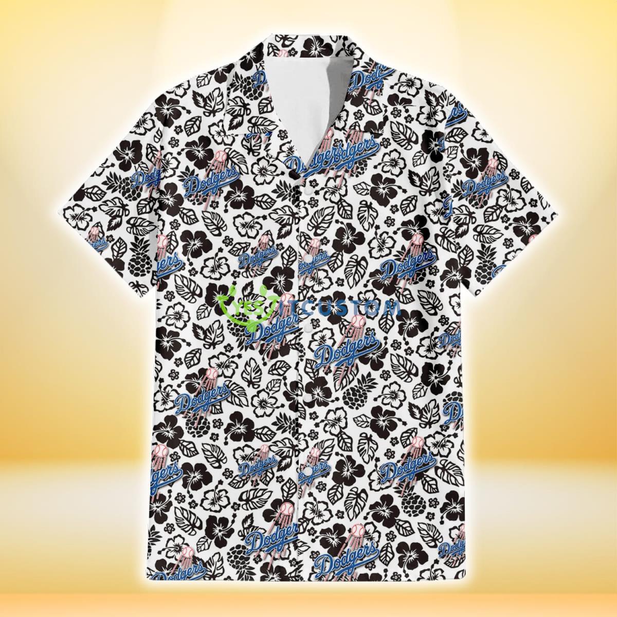 Los Angeles Dodgers Black And White Hibiscus Leaf White Background 3D Hawaiian Shirt Gift For Fans Gift For Fans Product Photo 2