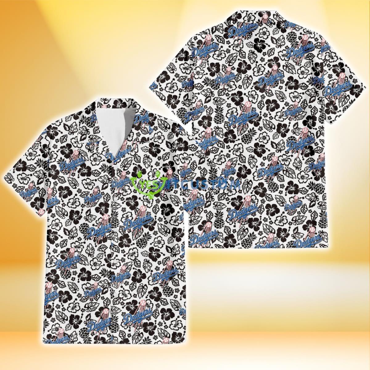 Los Angeles Dodgers Black And White Hibiscus Leaf White Background 3D Hawaiian Shirt Gift For Fans Gift For Fans Product Photo 1